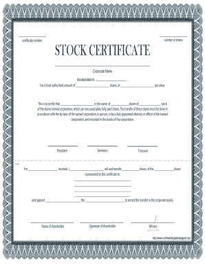 Stock Certificate Stock Certificate  Form