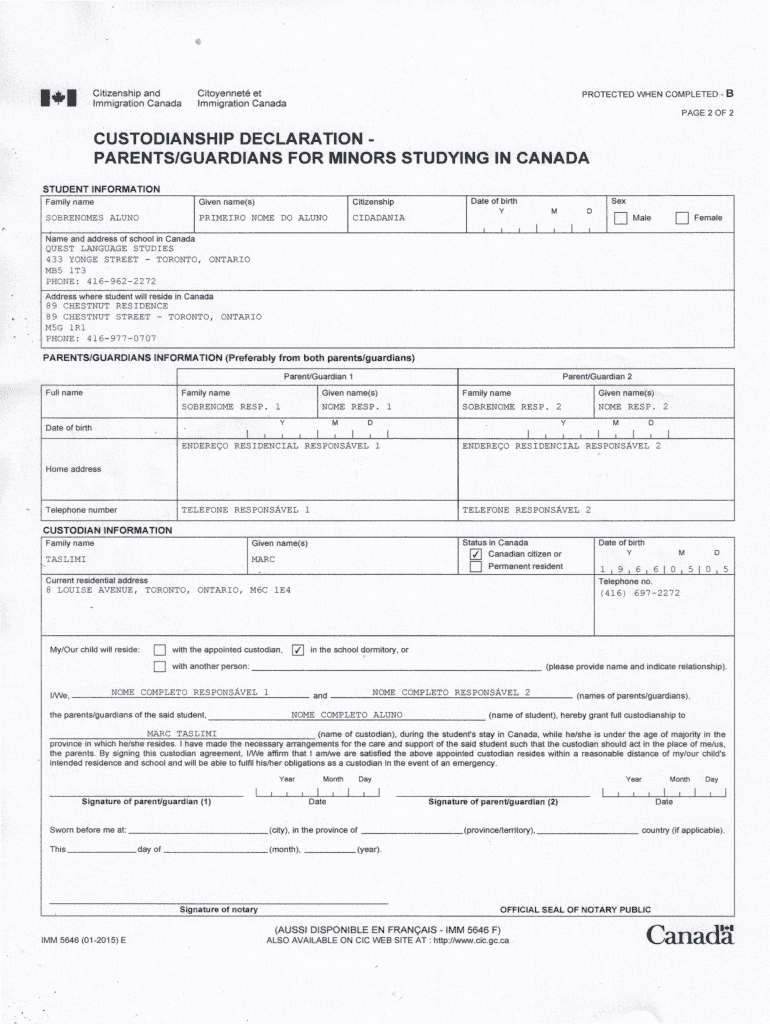 CUSTODIANSHIP DECLARATION PARENTSGUARDIANS for MINORS STUDYING in CANADA  Form