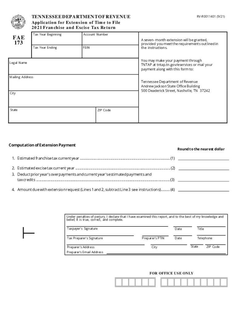  Fae173 FAE173 Application for Extension of Time to File Franchise Excise Tax Return 2021