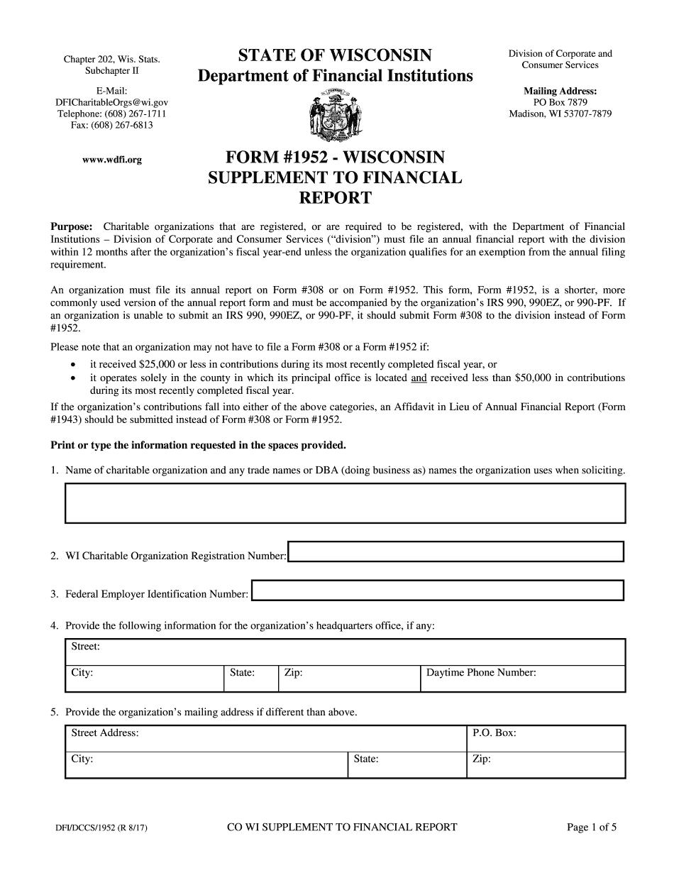  State of Wisconsin Department of Financial Institutions Form 1952 2017-2024