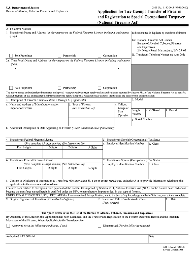  Application for Tax Exempt Transfer of Firearm and Registration to Special Occupational Taxpayer National Firearms Act Applic 2004-2024