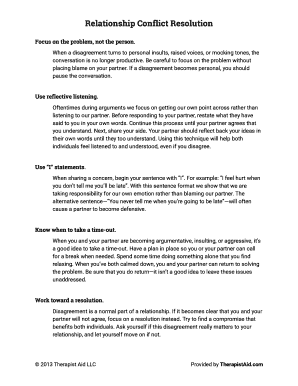 Couples Conflict Resolution Worksheet  Form