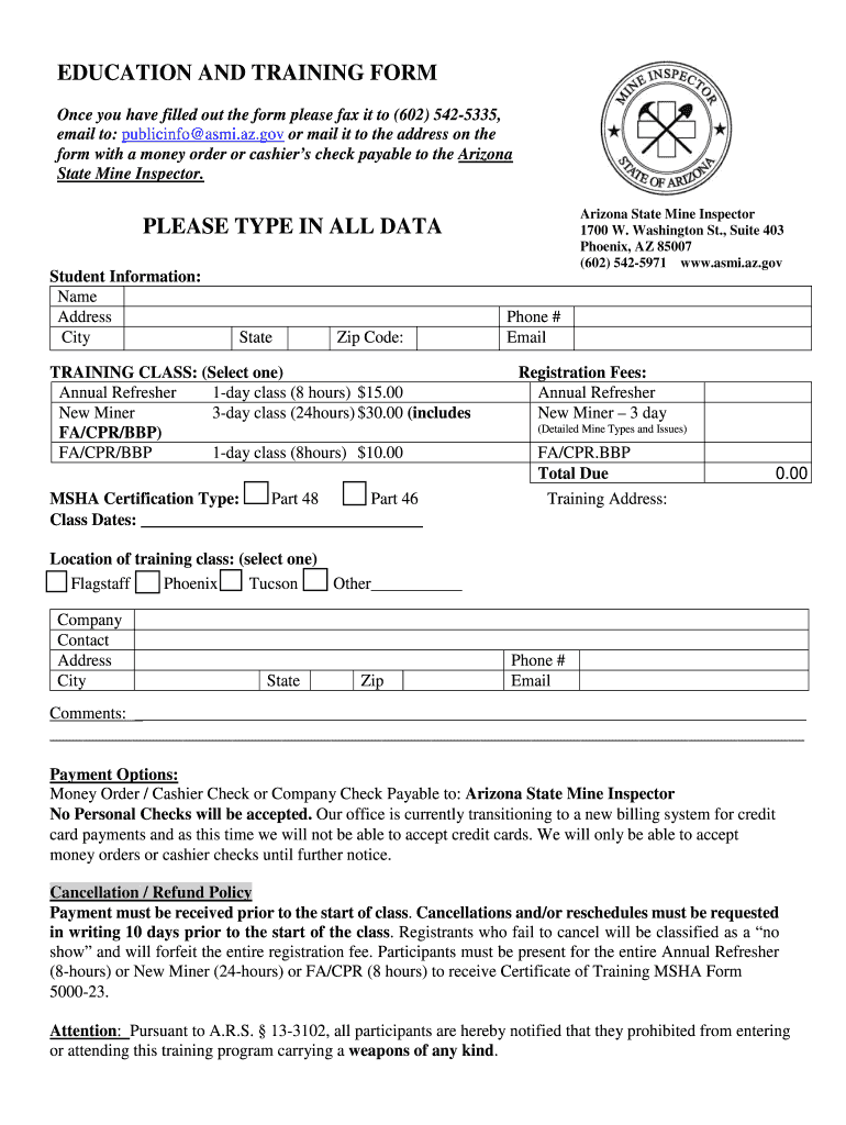 Education and Training Form Arizona State Mine Inspector AZ Gov