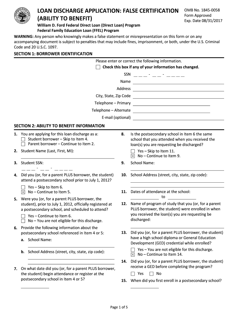  Loan Discharge Application False Certification Ability to Benefit 2017-2024