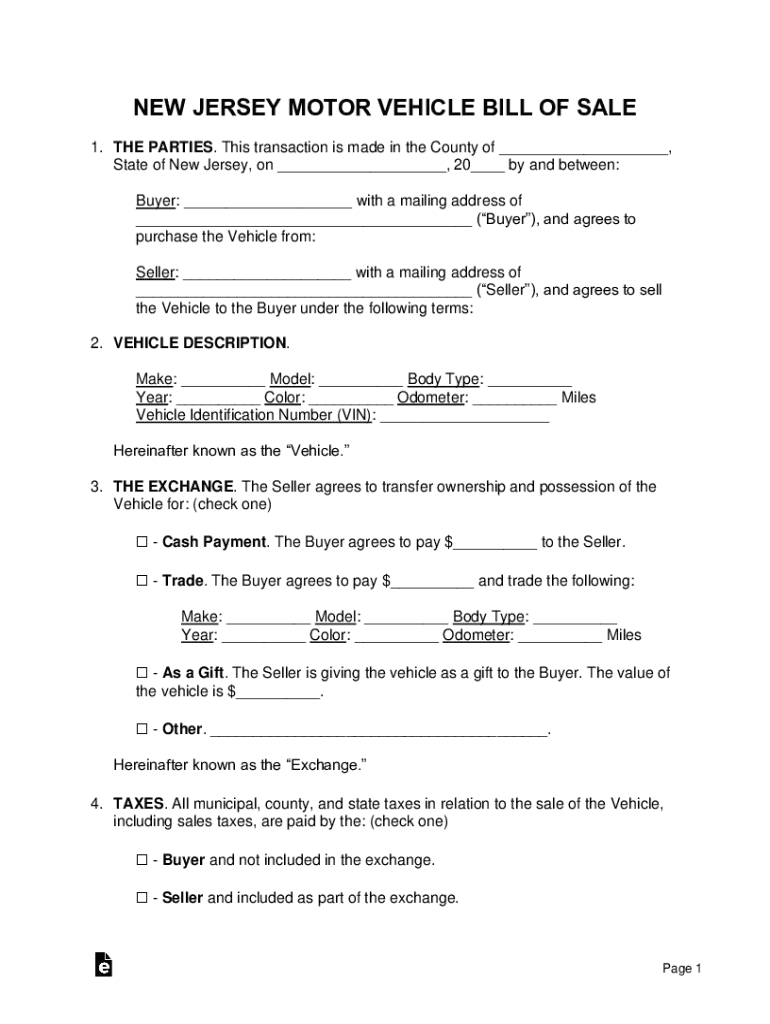 Nj Bill Sale Automobile  Form