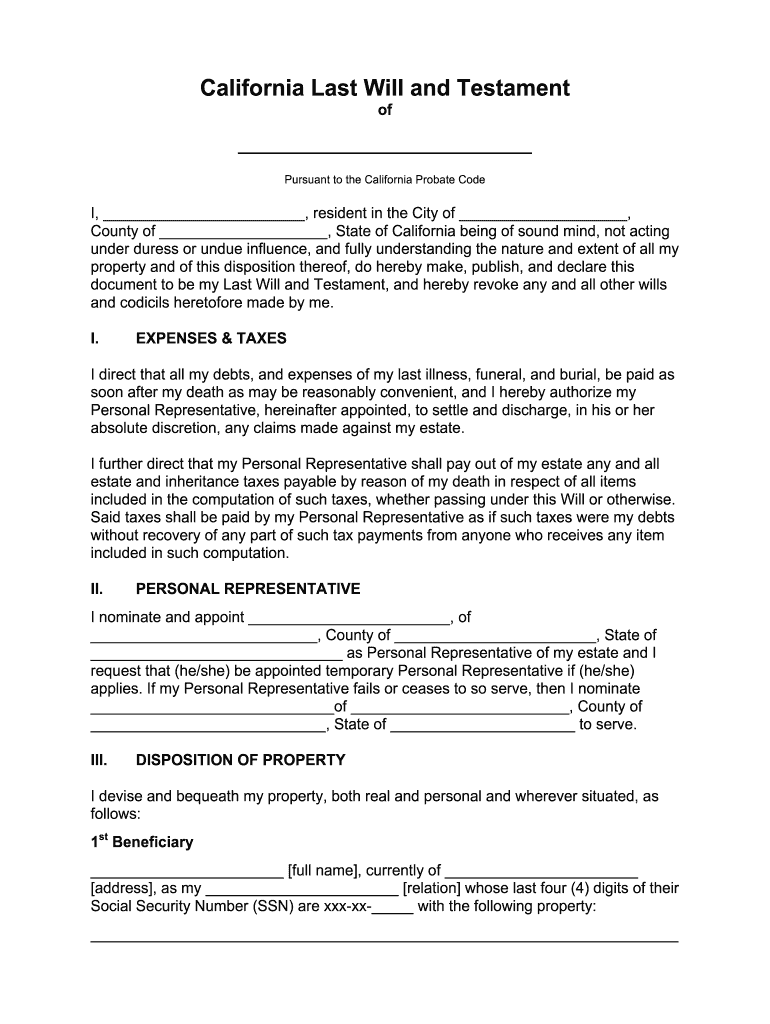 California Last Will and Testament Template  Form