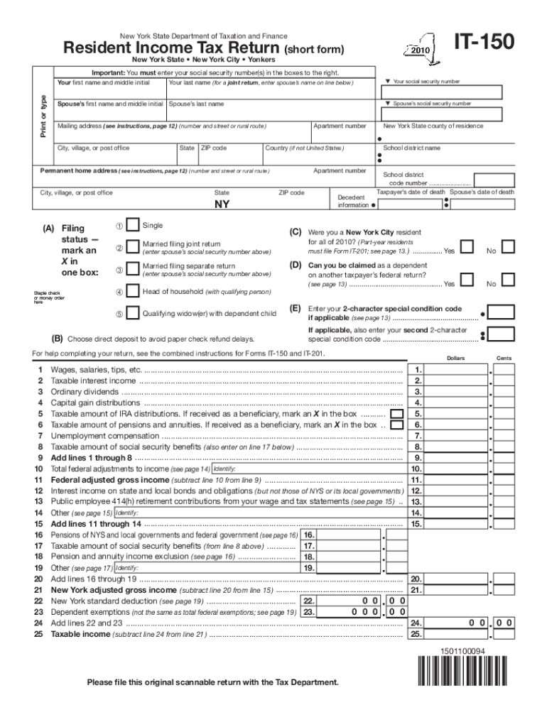 Fillable Form it 150 Resident Income Tax Return Short Form, It150