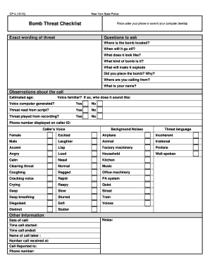 Bomb Threat Checklist New York State Police  Form