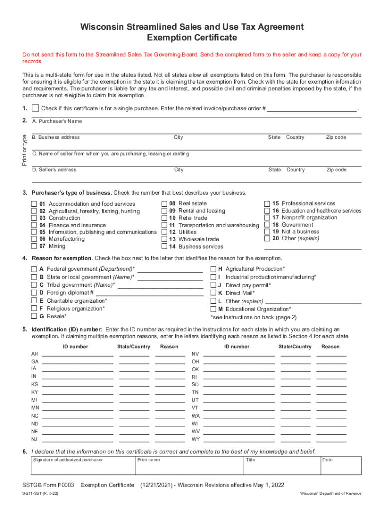  December S 211 SST Wisconsin Streamlined Sales and Use Tax Agreement Exemption Certificate and Instructions 2022-2024