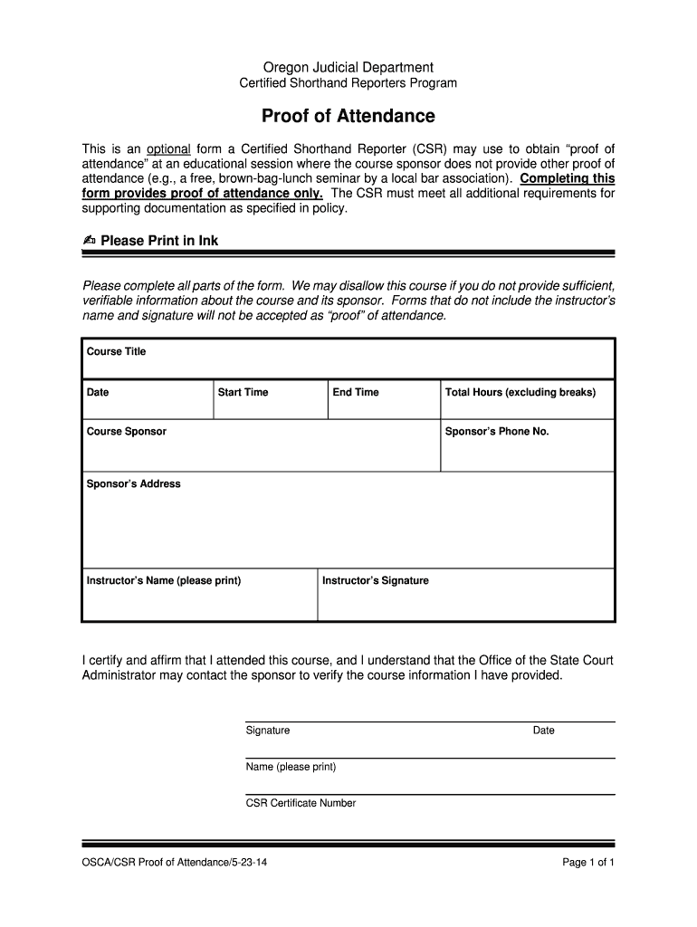  Proof of Attendance Form 2014