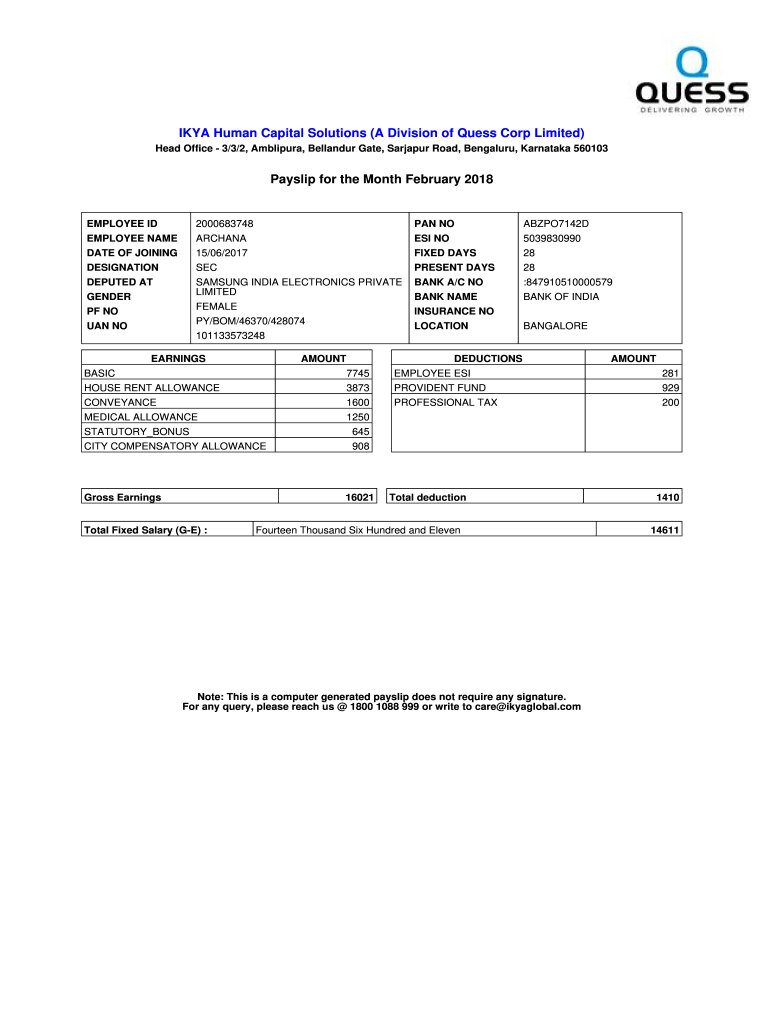 Ikya Salary Slip PDF  Form