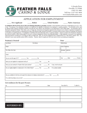 Application for Employment Feather Falls Casino  Form