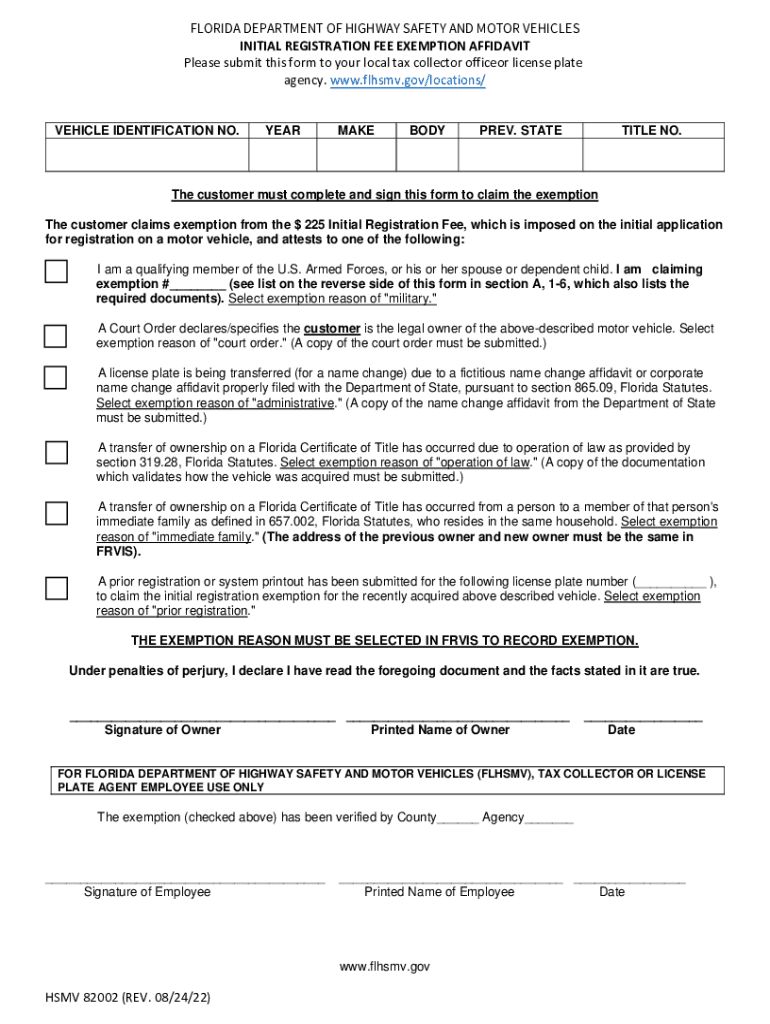  Fillable INITIAL REGISTRATION FEE EXEMPTION AFFIDAVIT 2022-2024