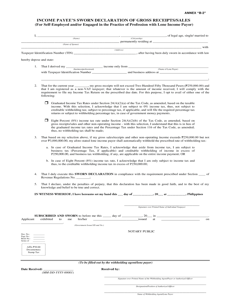 Income Payee's Sworn Declaration of Gross Receipts Sales Annex B 2  Form