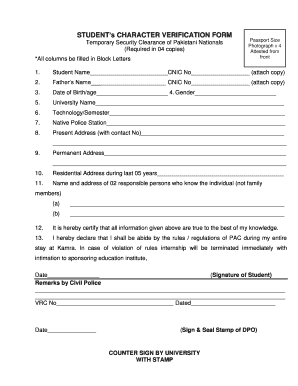 STUDENTs CHARACTER VERIFICATION FORM