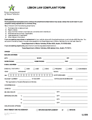 Texas Lemon Law Complaint Form