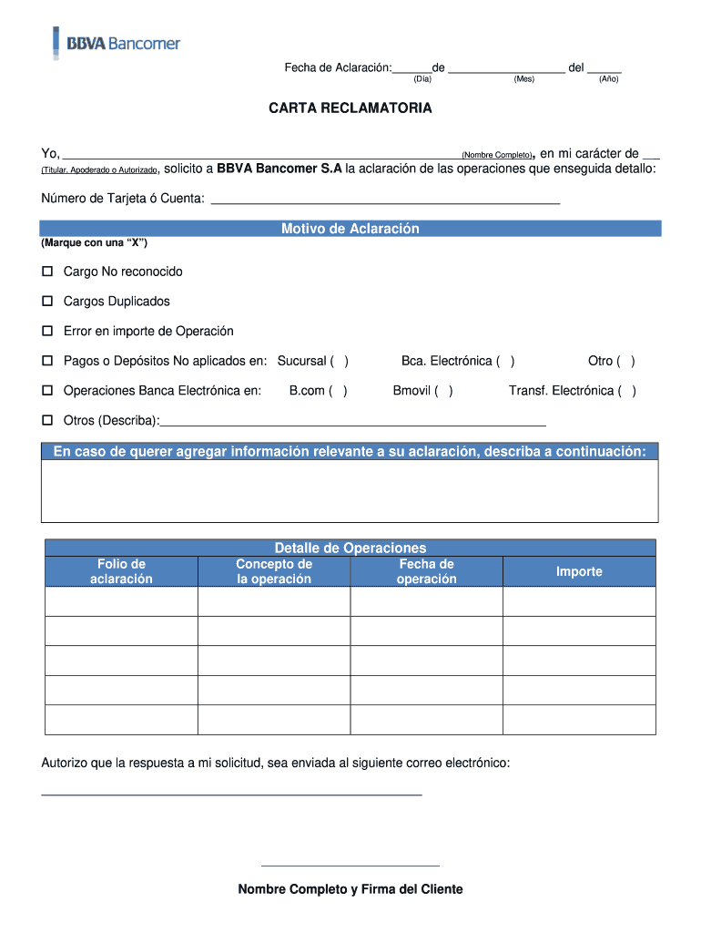 Carta Reclamatoria Bbva PDF  Form
