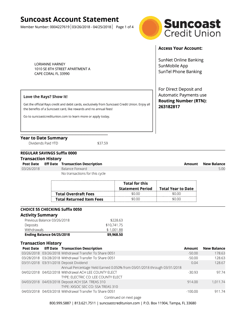 Suncoast Bank Statement  Form