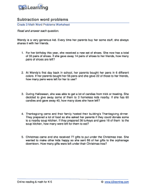 Subtraction Word Problems Grade 3  Form