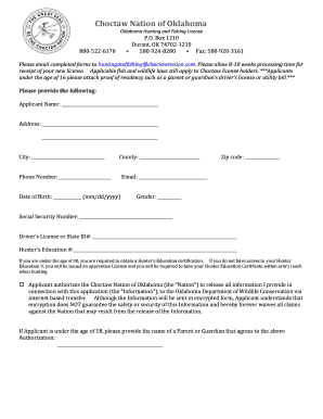 Oklahoma Hunting and Fishing License  Form