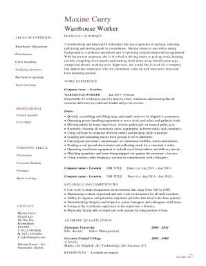 Warehouse Worker Resume  Form