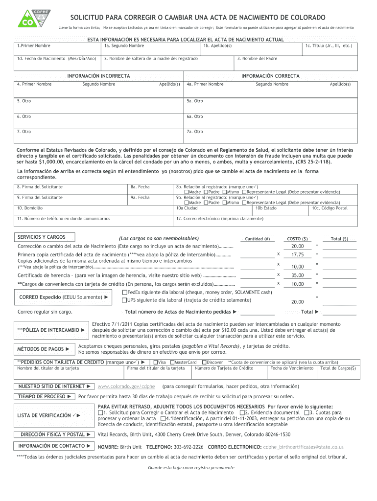 Solicitud Para Corregir O Cambiar Una Acta De Nacimiento De Colorado  Form