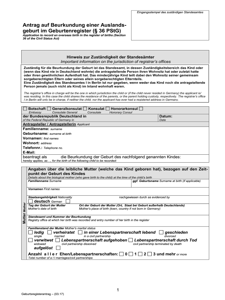  Antrag Auf Beurkundung Einer Auslandsgeburt Im Geburtenregister 2017
