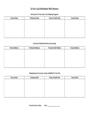 10 Year Goal Worksheet with Mastery  Form