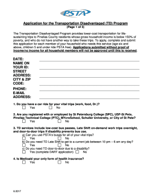 The Transportation Disadvantaged Program Provides Lower Cost Transportation for Lifesustaining Trips to Pinellas County Resident  Form