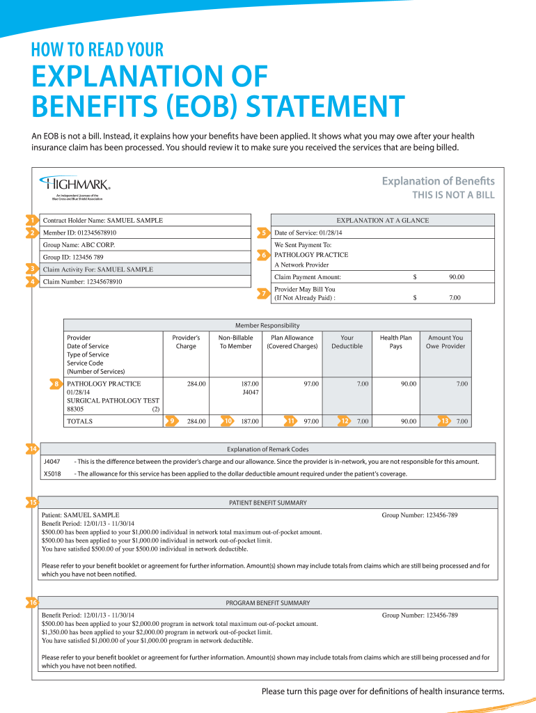 Highmark Explanation Benefit  Form