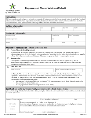 Repossessed Motor Vehicle Affidavit  Form