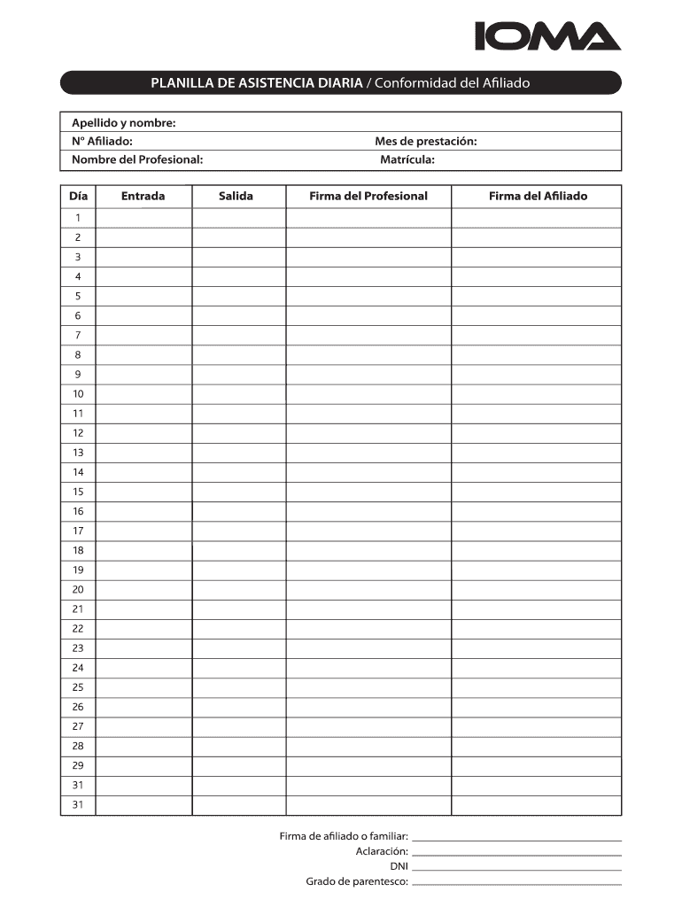 Ioma Planilla Asistencia Diaria  Form