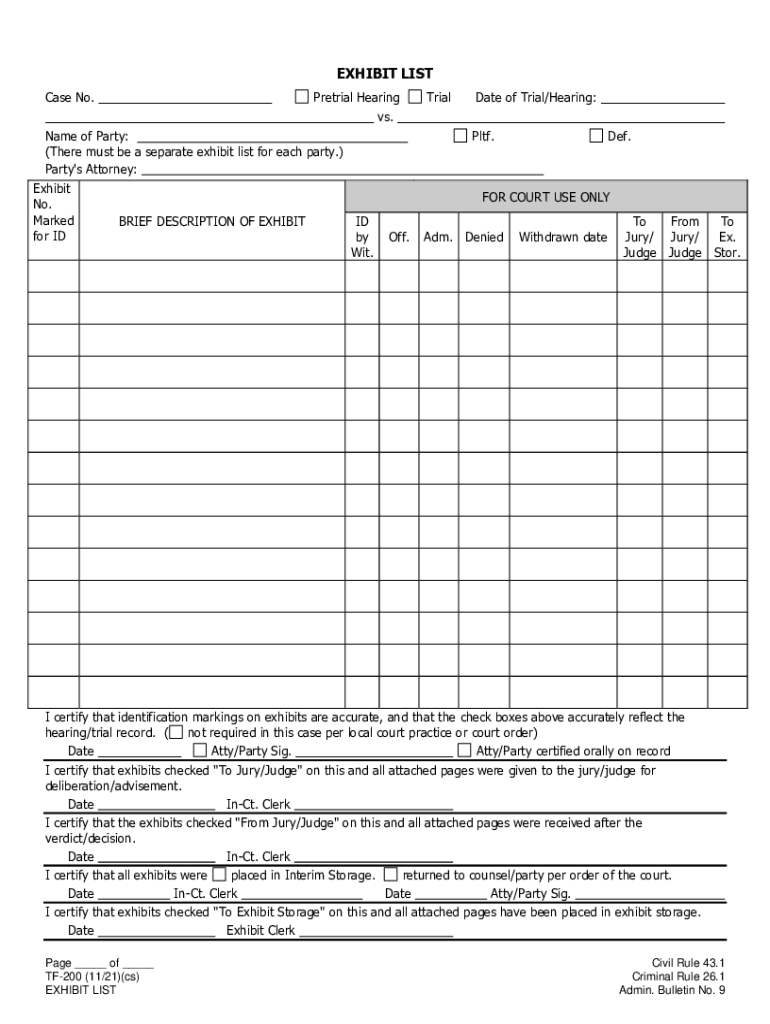  Fillable TF 200 Exhibit List 2021-2024