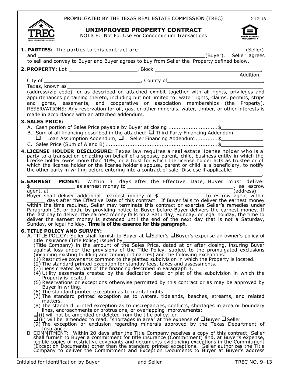  Trec Unimproved Property Contract 2018-2024