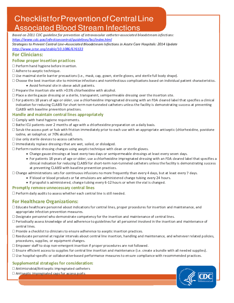 Checklist for Prevention of Central Line Associated Blood Stream  Form