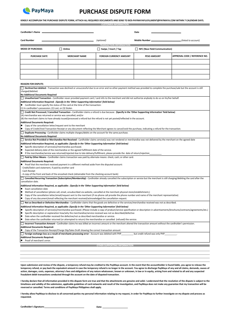 Paymaya Dispute  Form