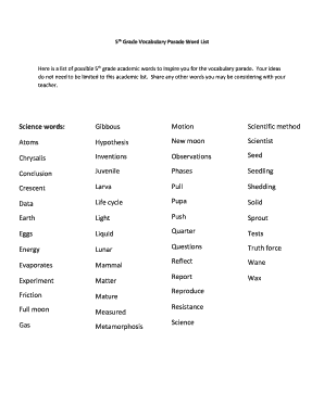 Vocabulary Parade Words for 5th Grade  Form