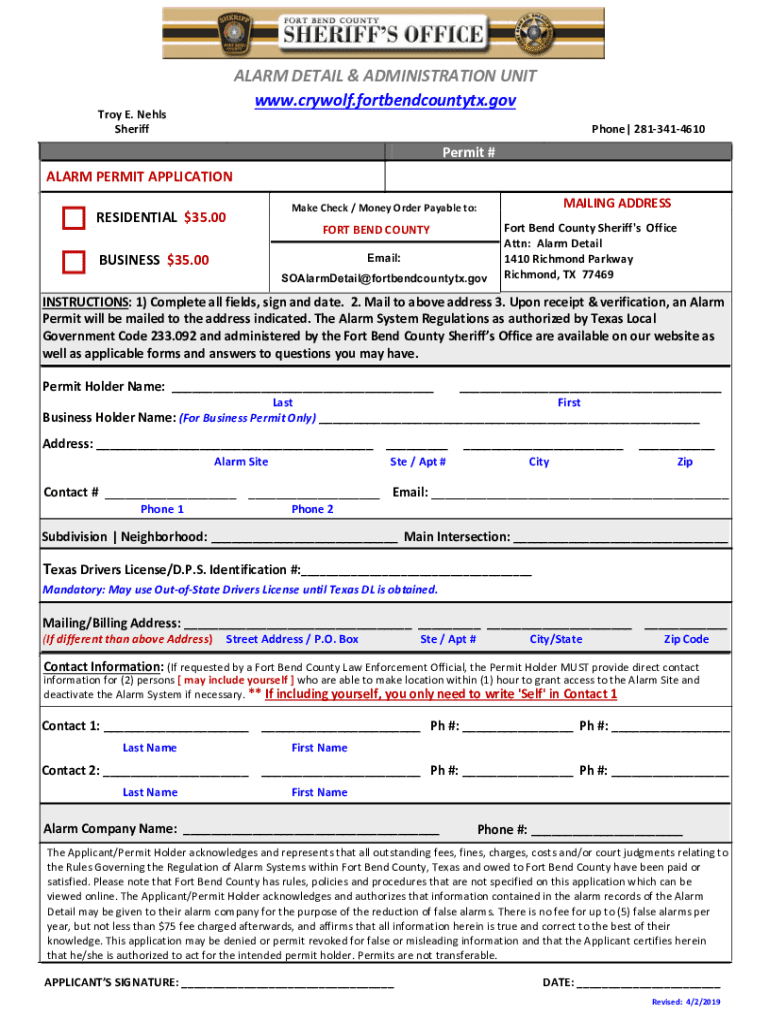 Get and Sign Alarm Permit Fort Bend County 2019-2022 Form