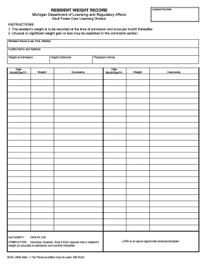 Resident Weight Record BCAL 3485  Form