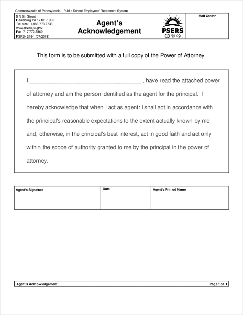 Fillable Agent's Acknowledgement  Form