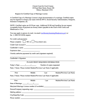 Maryland Marriage License County  Form