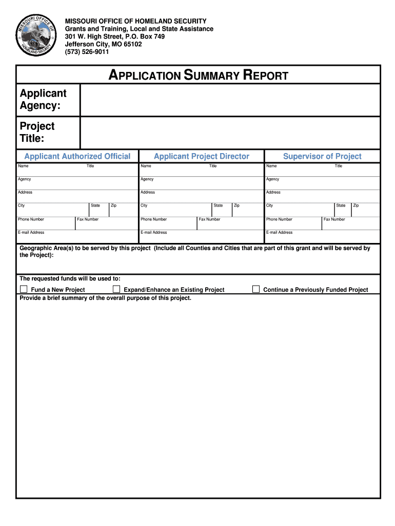 APPLICATION SUMMARY REPORT Applicant Agency Project Title Dps Mo  Form