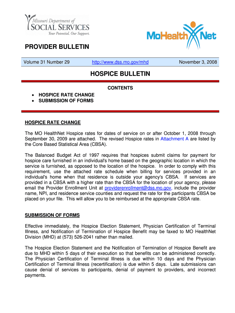 Provider Bulletin 31 29, Hospice Bulletin Hospice Rate, Submission of Forms Dss Mo