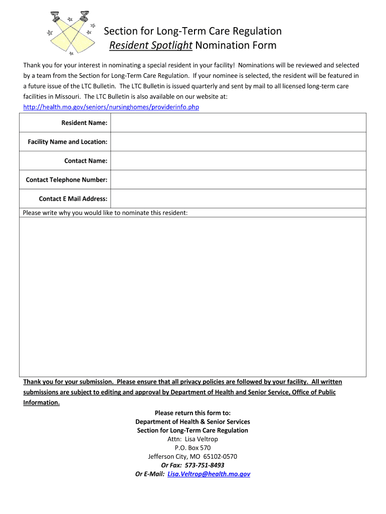 Resident Spotlight Nomination Form Missouri Department of Health Mo