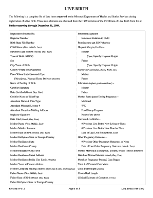 LIVE BIRTH Missouri Department of Health &amp; Senior Services Health Mo  Form