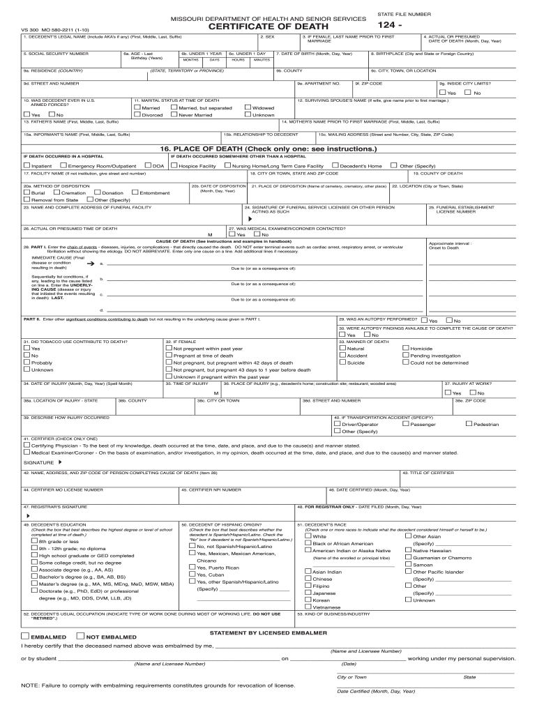 Missouri Death Certificate PDF  Form