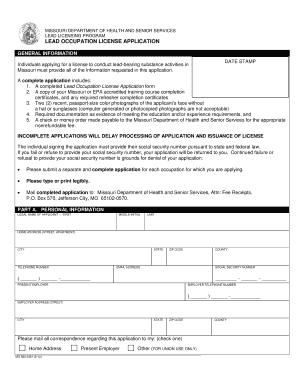 MISSOURI DEPARTMENT of HEALTH and SENIOR SERVICES LEAD LICENSING PROGRAM LEAD OCCUPATION LICENSE APPLICATION GENERAL INFORMATION