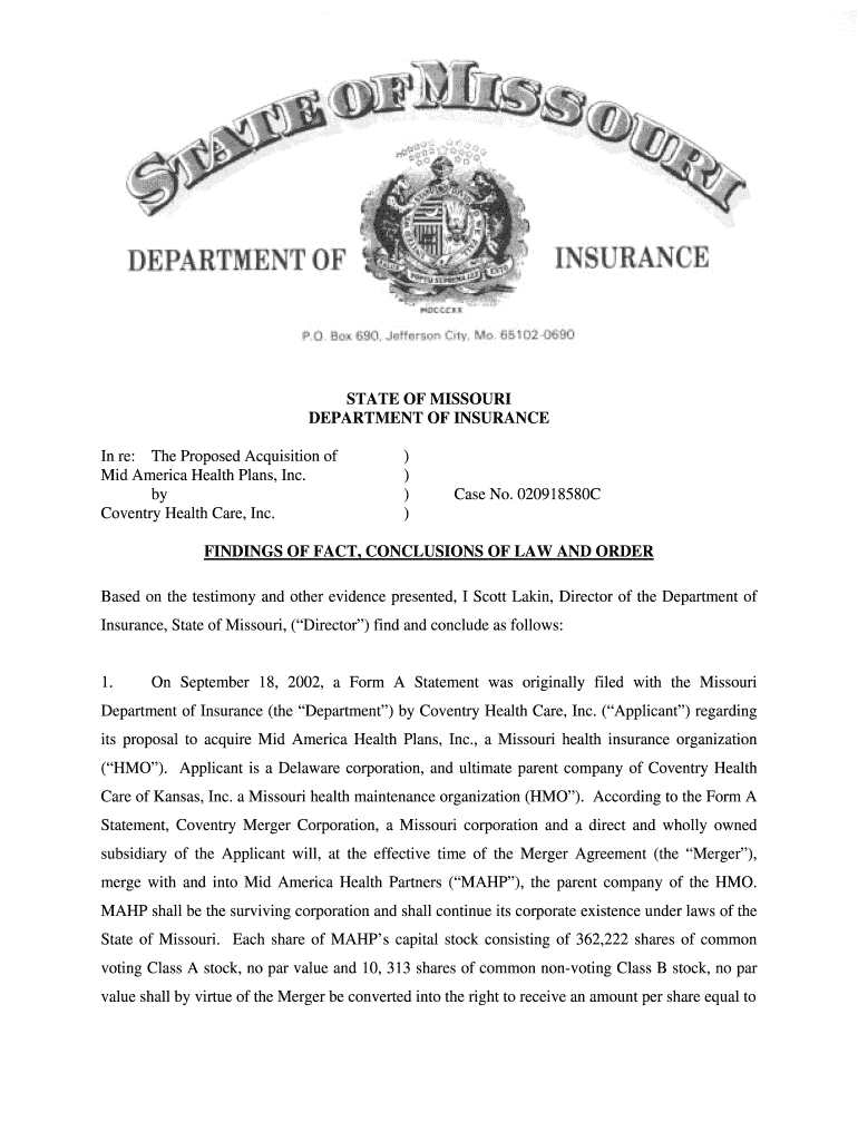 STATE of MISSOURI DEPARTMENT of INSURANCE in Re the Proposed Acquisition of Mid America Health Plans, Inc Insurance Mo  Form