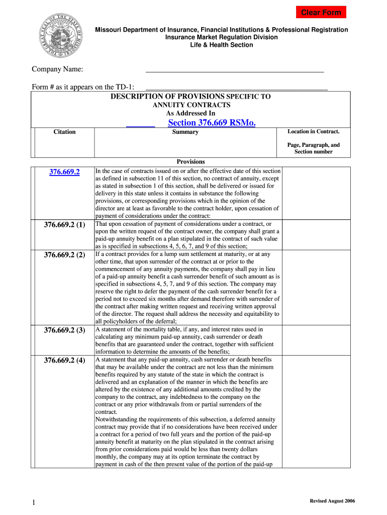 Section 376 669 RSMo Missouri Department of Insurance  Form