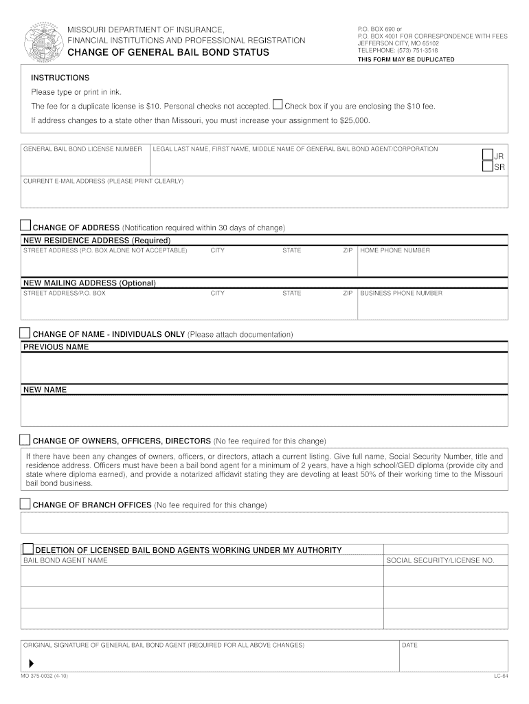 Change of General Bail Bond Status Insurance Mo  Form